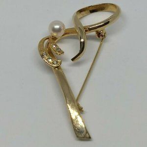 Vtg. Shiny Goldtone Swirl Marked Brooch Pin w/ Rhinestones & Faux Pearl 2 1/2"H